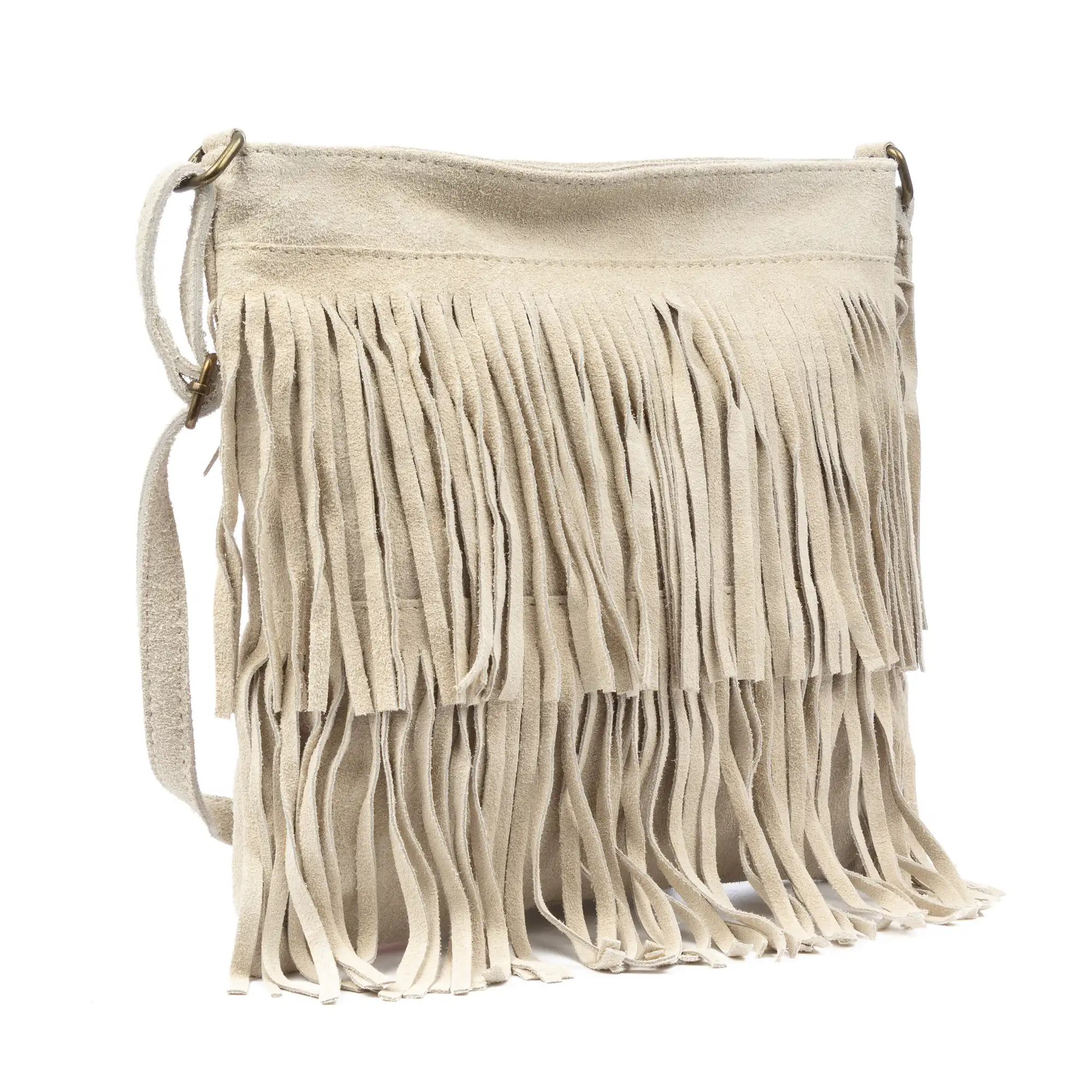 Avise bolso bandolera con flecos mujer. Piel auténtica Gamuza.