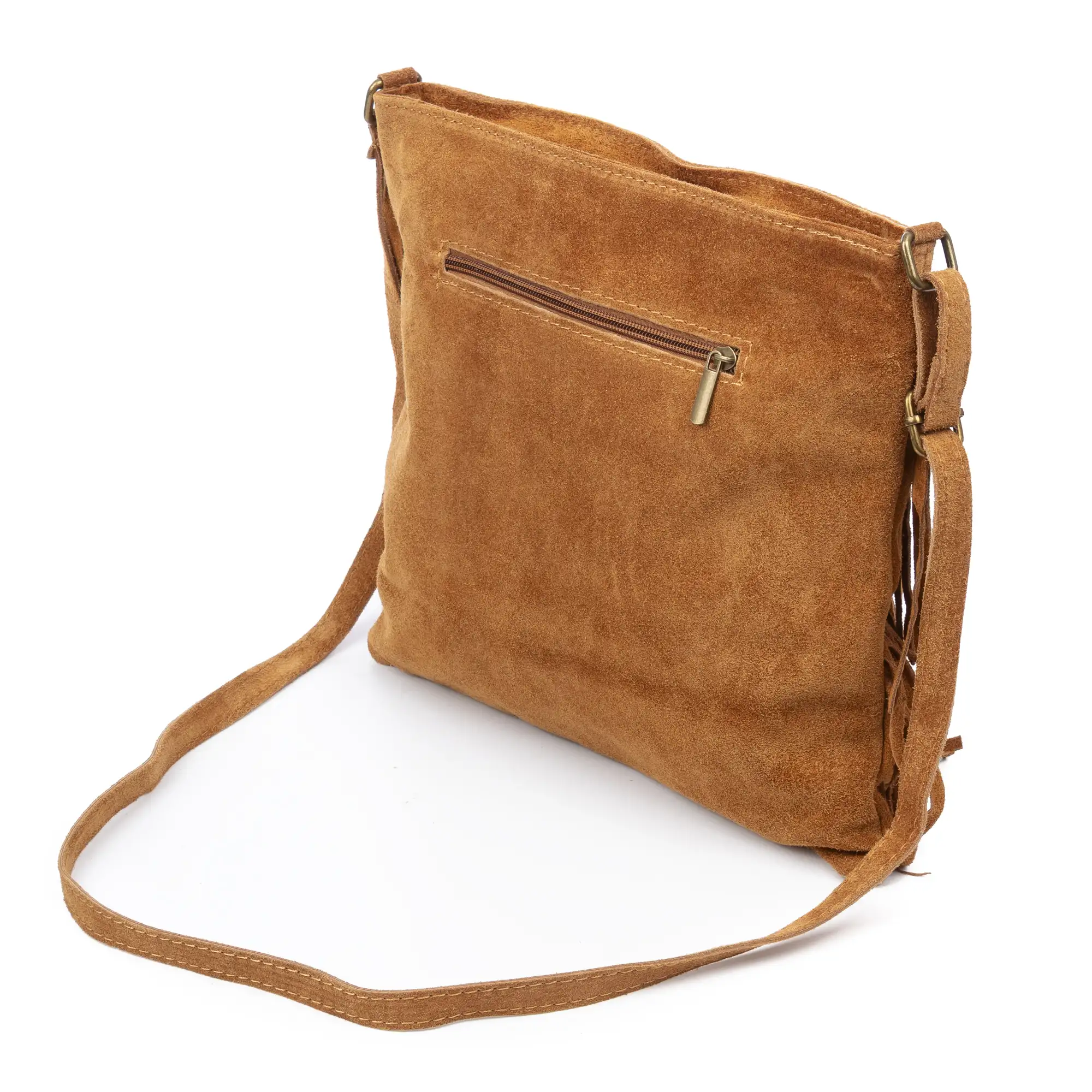 Avise bolso bandolera con flecos mujer. Piel auténtica Gamuza.