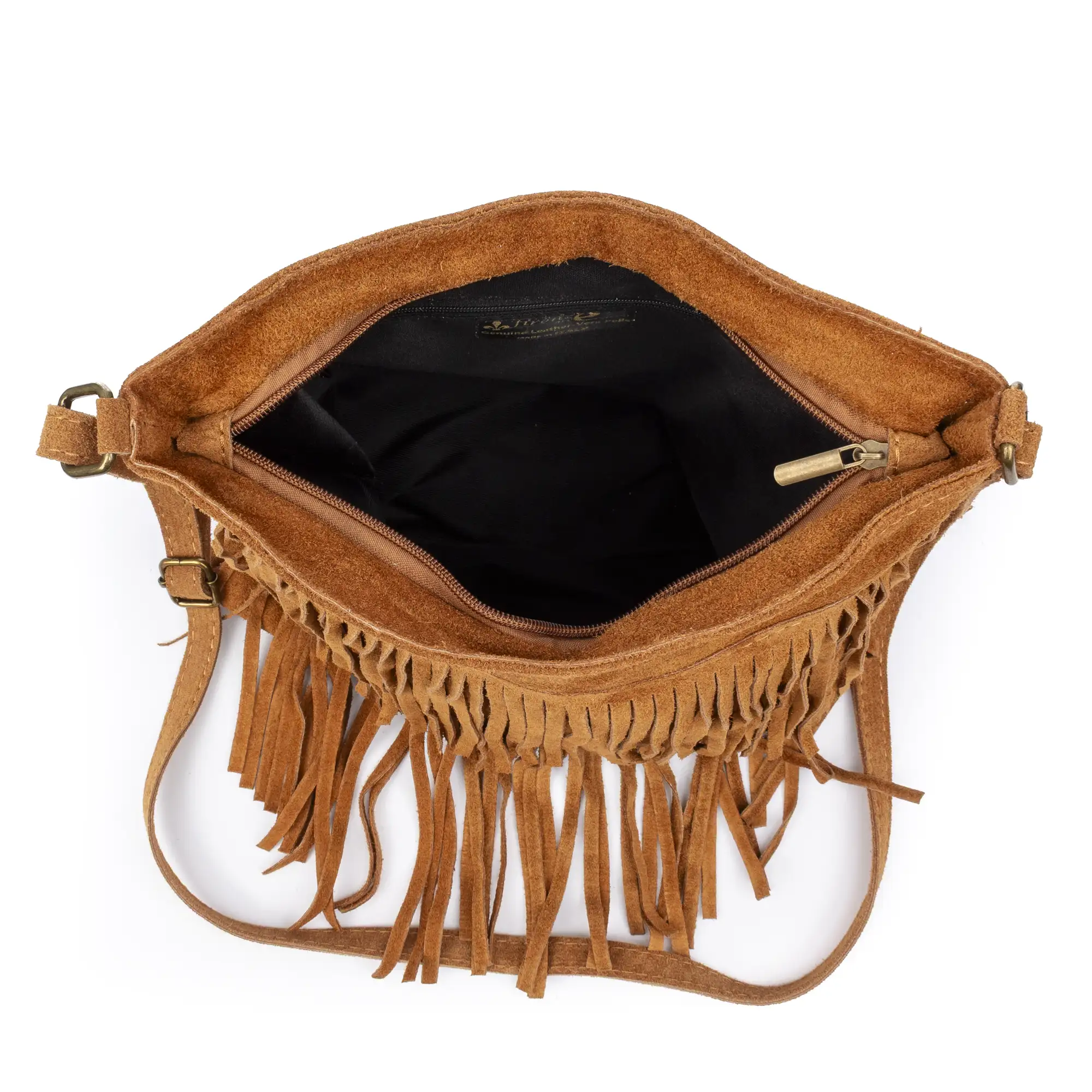 Avise bolso bandolera con flecos mujer. Piel auténtica Gamuza.