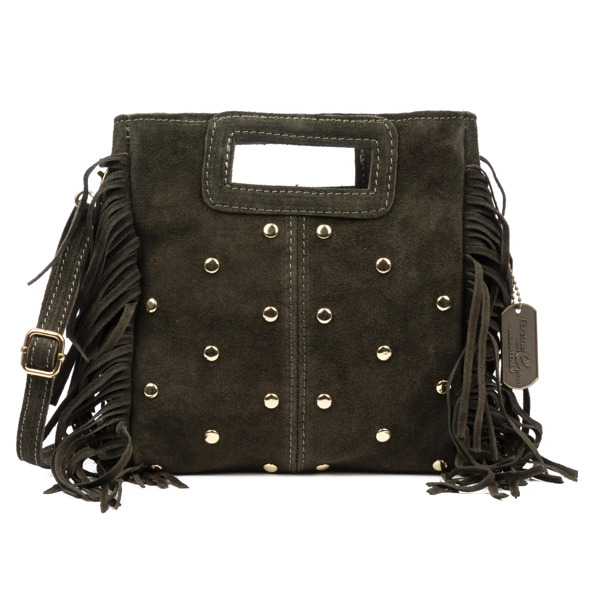 Barbata bolso bandolera mujer. Piel auténtica Gamuza con tachuelas decorativas.