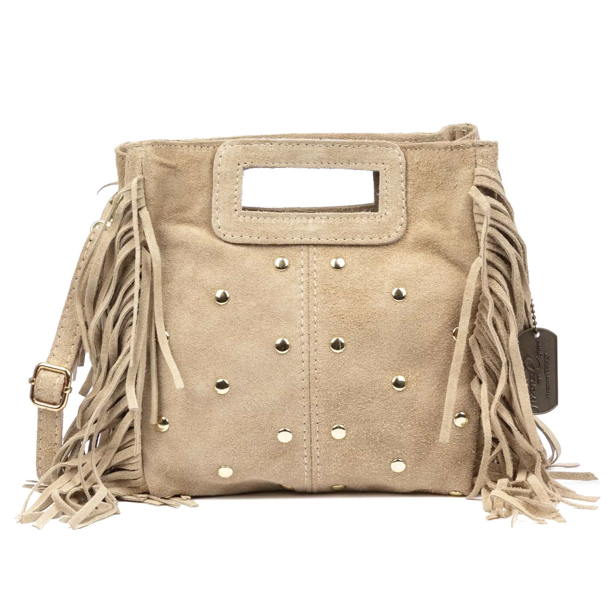 Barbata bolso bandolera mujer. Piel auténtica Gamuza con tachuelas decorativas.