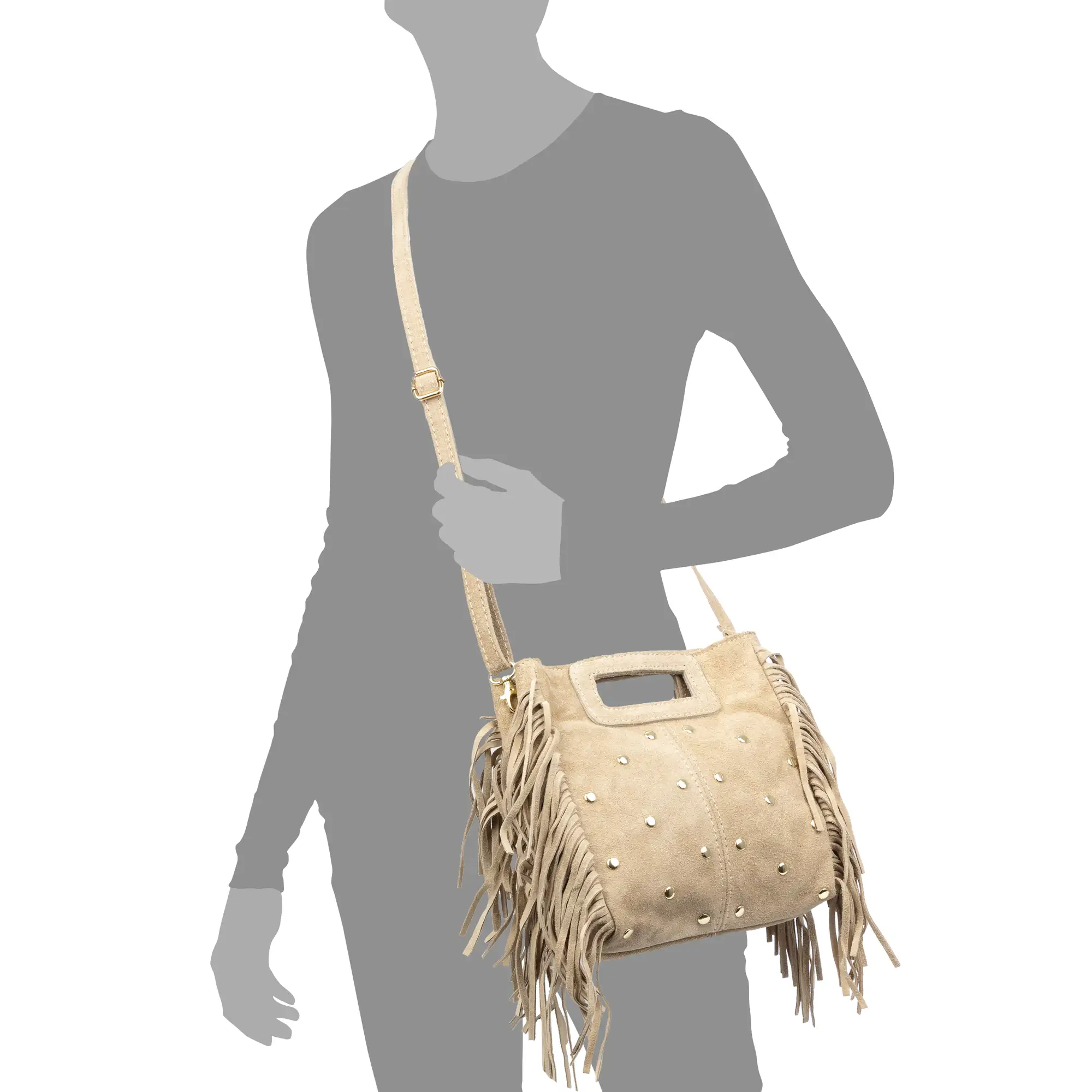 Barbata bolso bandolera mujer. Piel auténtica Gamuza con tachuelas decorativas.