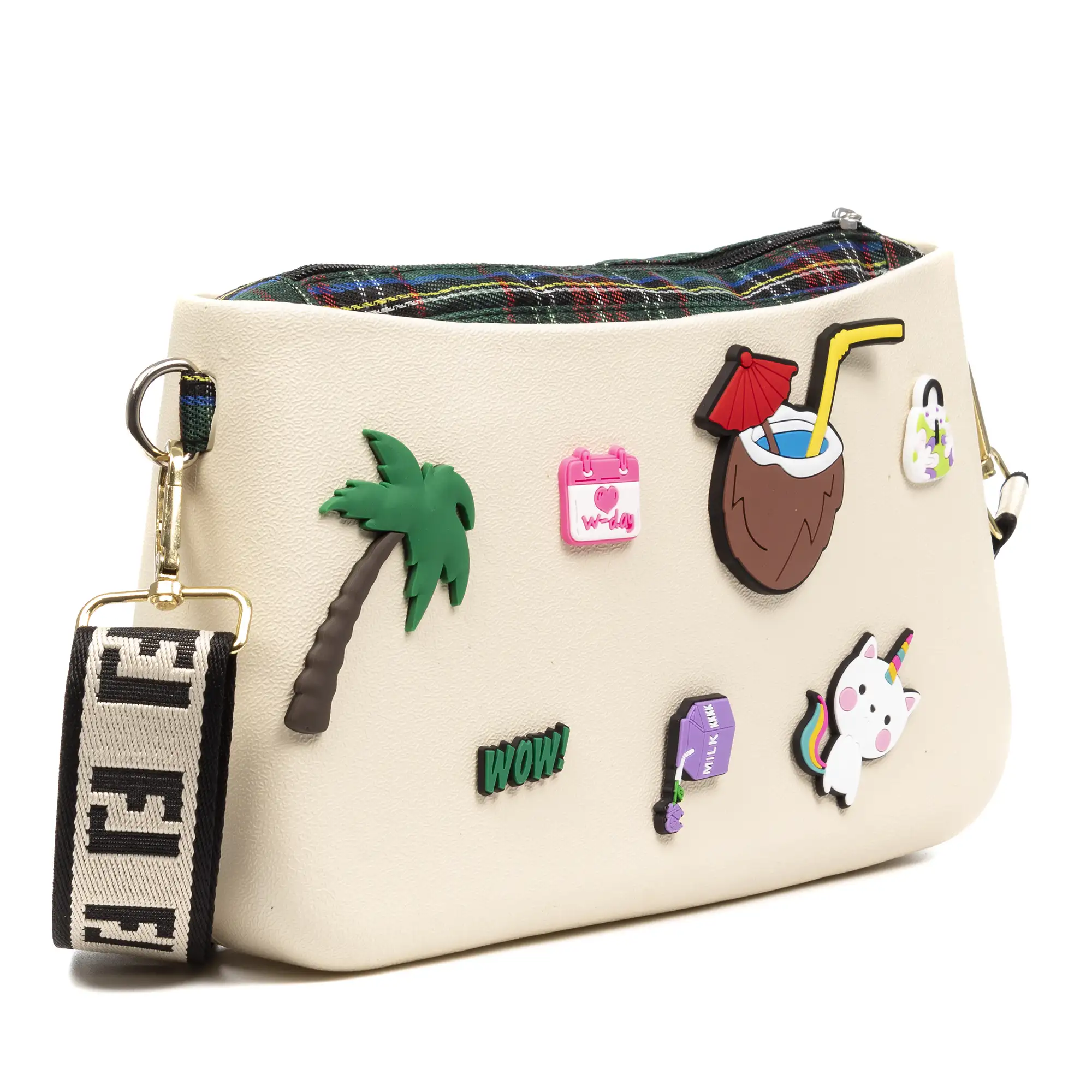 Villareggia bolso bandolera, de goma eva con correa ajustable y bolsa interior estampada. Correa y bolsa interior intercambiables.