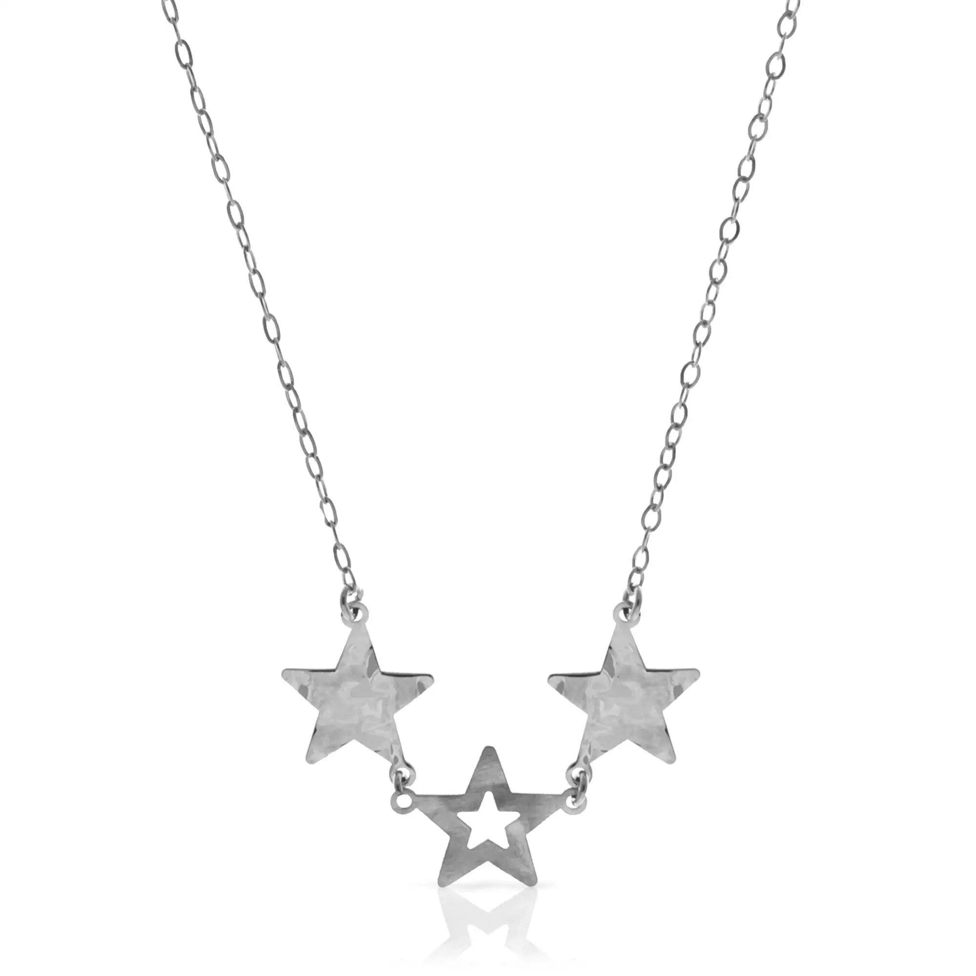 FIRENZE SILVER. AquaStel Collar Plata de Ley 925. Estrella contorneada y dos estrellas laminadas.Motivo forma de  corazón junto al cierre. Plata Rodiada.