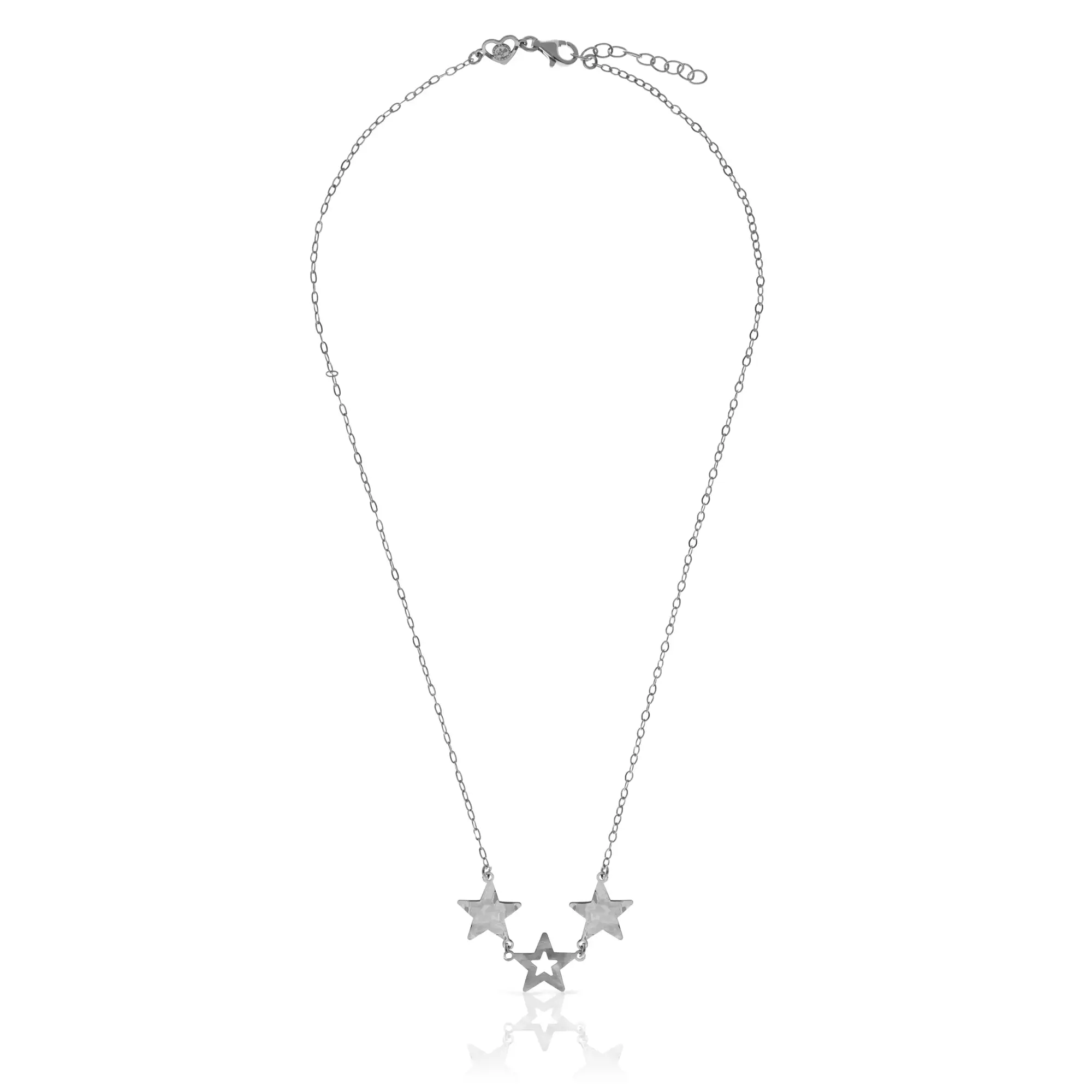 FIRENZE SILVER. AquaStel Collar Plata de Ley 925. Estrella contorneada y dos estrellas laminadas.Motivo forma de  corazón junto al cierre. Plata Rodiada.