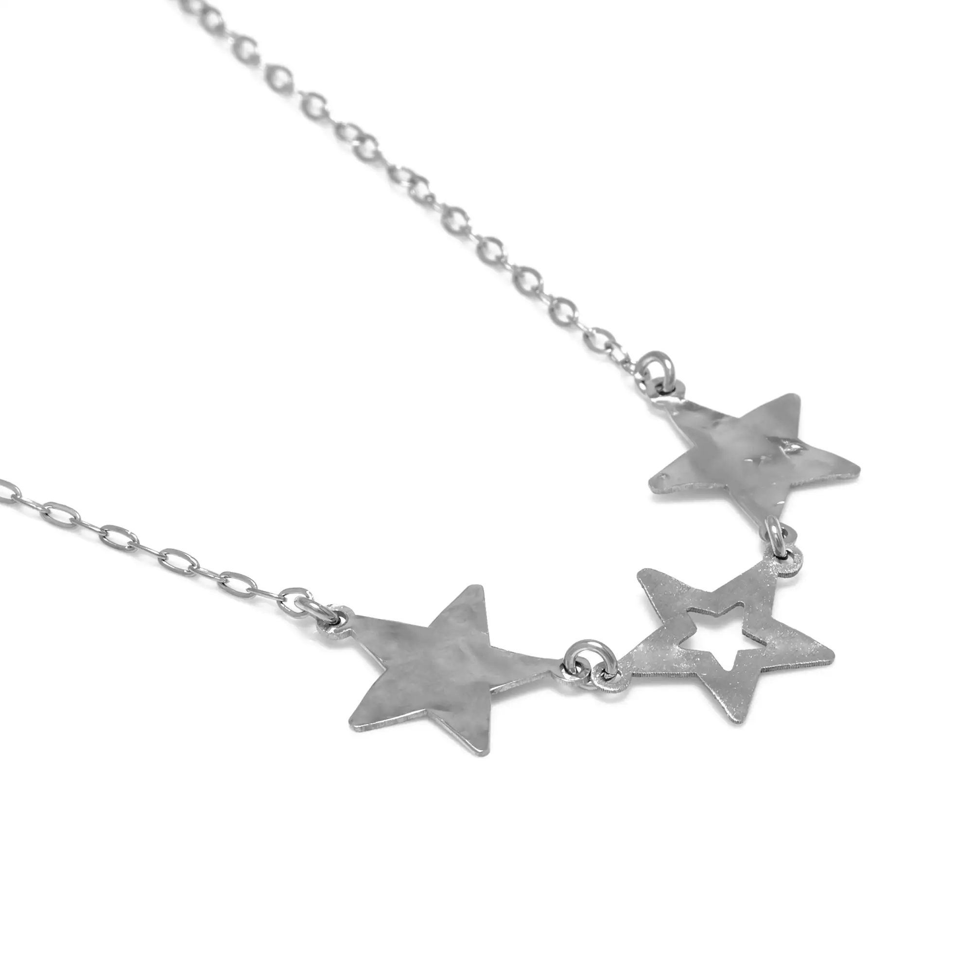 FIRENZE SILVER. AquaStel Collar Plata de Ley 925. Estrella contorneada y dos estrellas laminadas.Motivo forma de  corazón junto al cierre. Plata Rodiada.