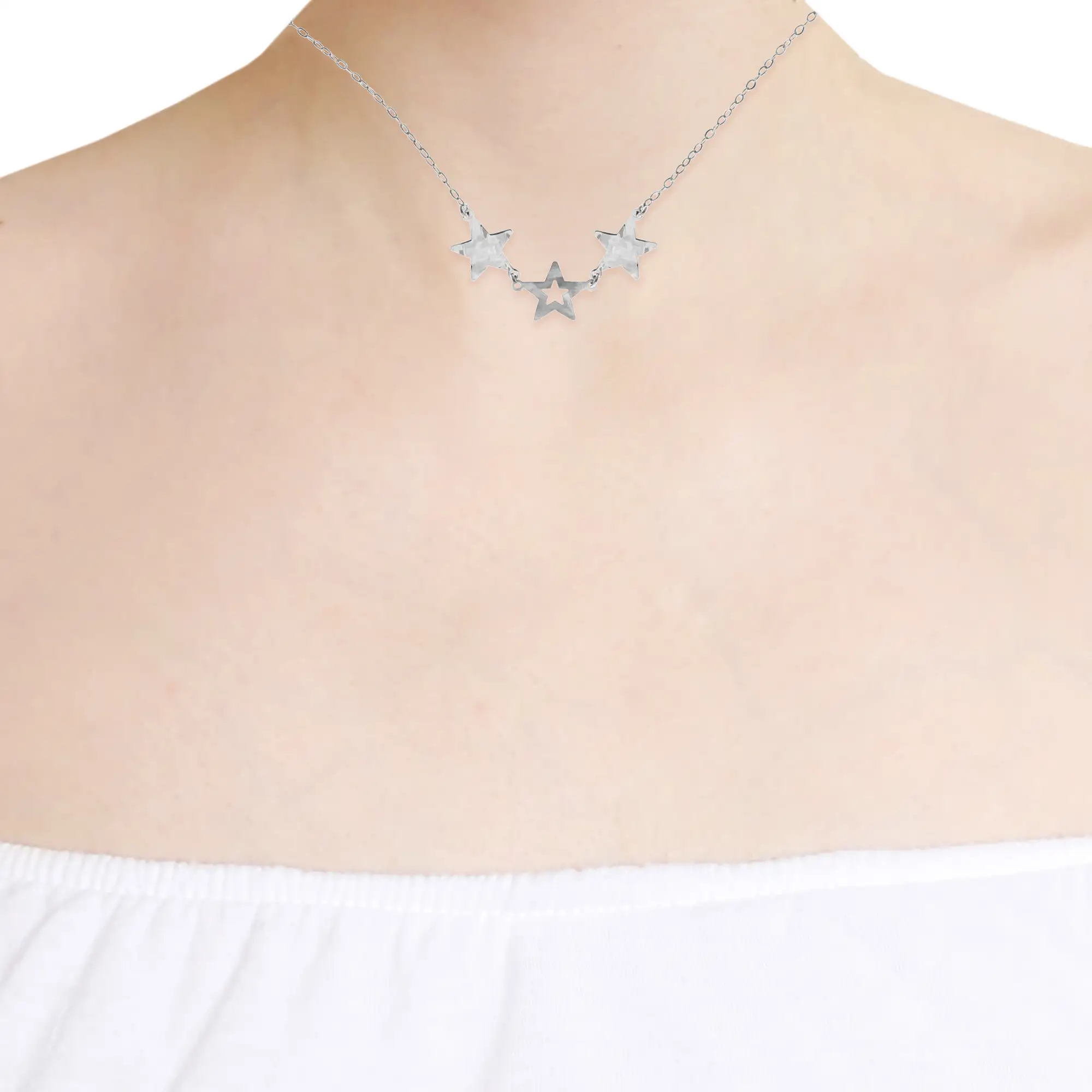 FIRENZE SILVER. AquaStel Collar Plata de Ley 925. Estrella contorneada y dos estrellas laminadas.Motivo forma de  corazón junto al cierre. Plata Rodiada.